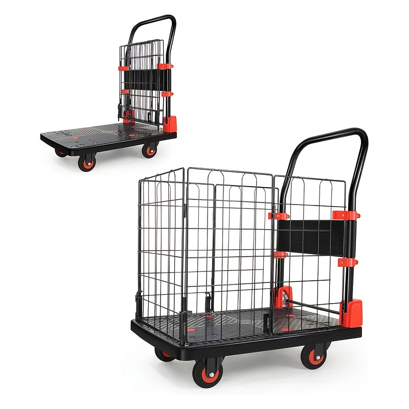 Folding Platform Cart with Removable Cage & Silent Wheels, 400-, Anti-Skid Deck, Telescopic Handle for Moving
