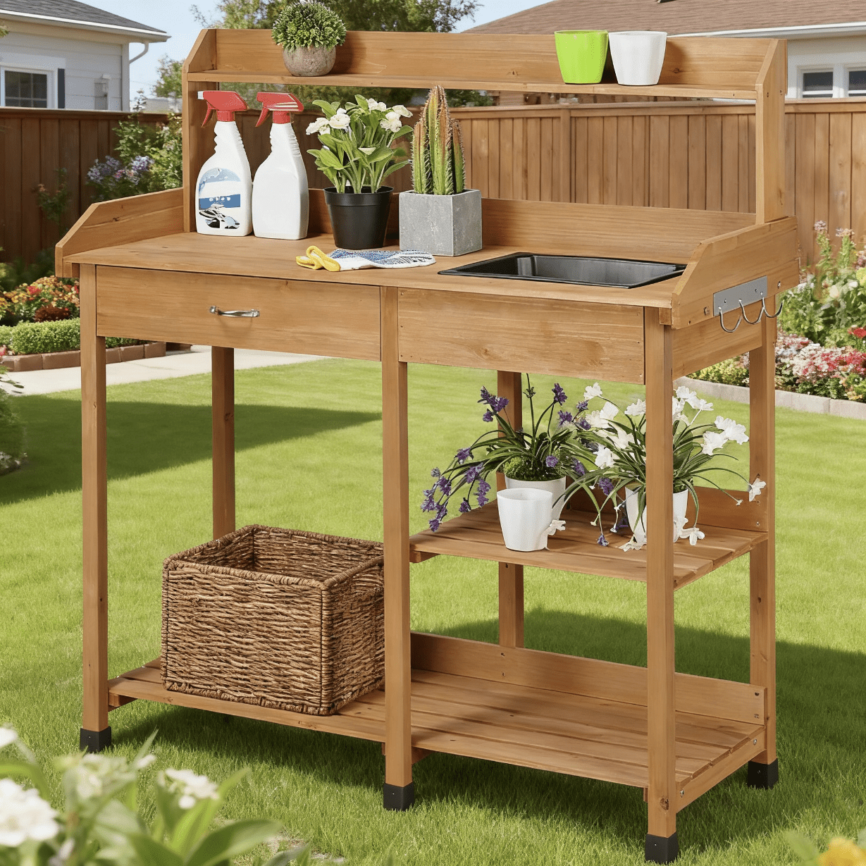 Garden Potting Table 4-Tier with Removable Sink, Adjustable Shelf, Drawer & Side Hooks, Outdoor Planter Stand for Yard Greenhouse in Wood
