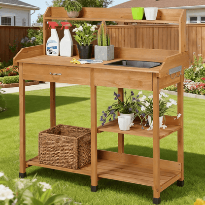 Garden Potting Table 4-Tier with Removable Sink, Adjustable Shelf, Drawer & Side Hooks, Outdoor Planter Stand for Yard Greenhouse in Wood