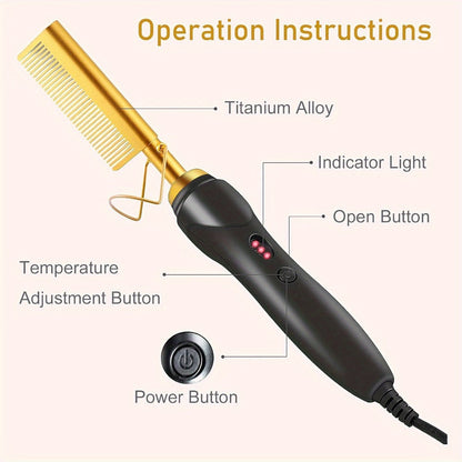 Electric Hot Comb Hair Straightener with Gold Titanium-Alloy Teeth, Detachable Guard and Adjustable Heat Controls