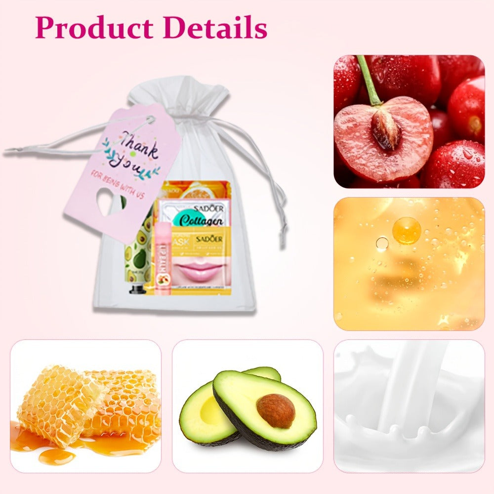 30-Piece Fruit-Themed Skincare Gift Set with Colorful Tubes, Mask Packets, Small Containers and Pink Zip Pouch
