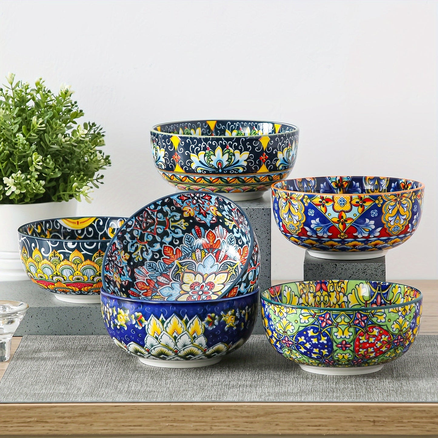 Cereal Bowl Set of 6 Bohemian Style 26oz for Home Cooking, Dining and Outdoor Meals, with the Listed Configuration