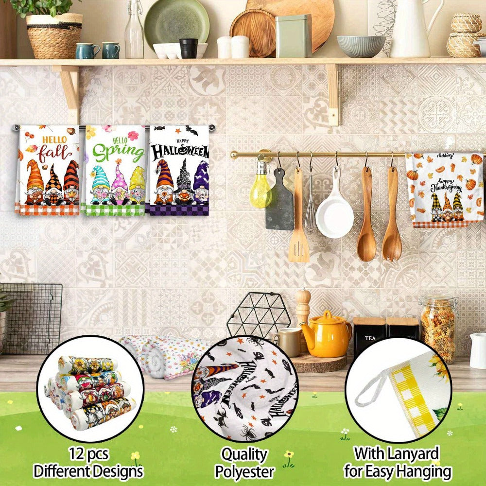 Twelve-Piece Seasonal Gnome Kitchen Towel Set, 14 x 21 Inches Each with Spring-to-Winter Prints