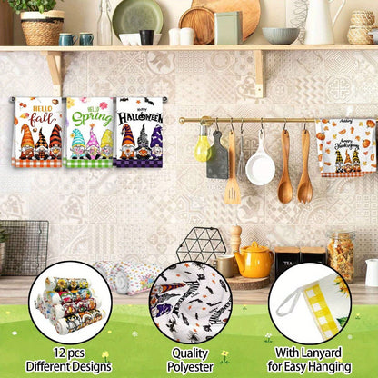 Twelve-Piece Seasonal Gnome Kitchen Towel Set, 14 x 21 Inches Each with Spring-to-Winter Prints