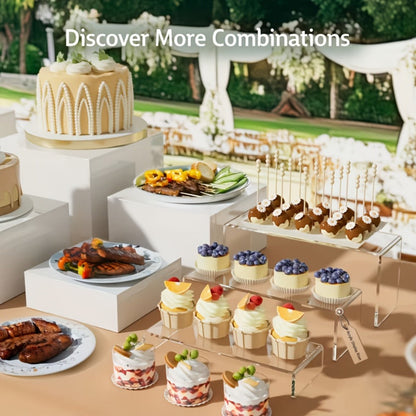Display Stands 6pcs Five-Sided Square Buffet Risers – White Transparent Dessert Cake Display Storage Rack for Party Wedding Catering Retail