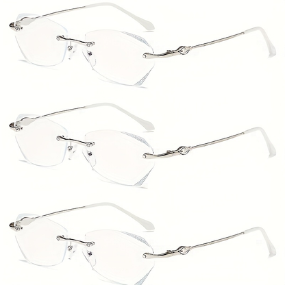 Reading Glasses – Three-Pair Rimless Metal Readers in Multiple Colors and Strengths with Multiple Strength and Color Options