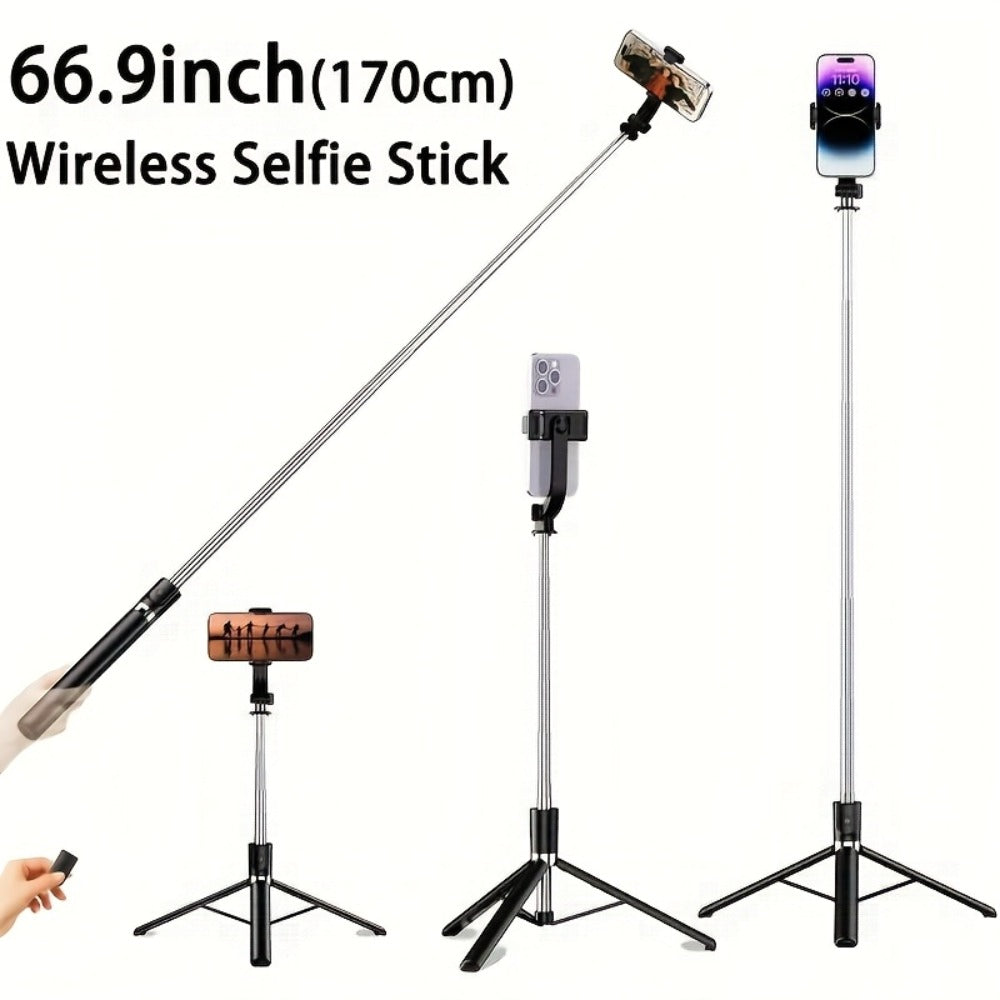 66.9-Inch Selfie Stick Tripod with Telescoping Silver Pole, Wide Black Floor Base and Remote