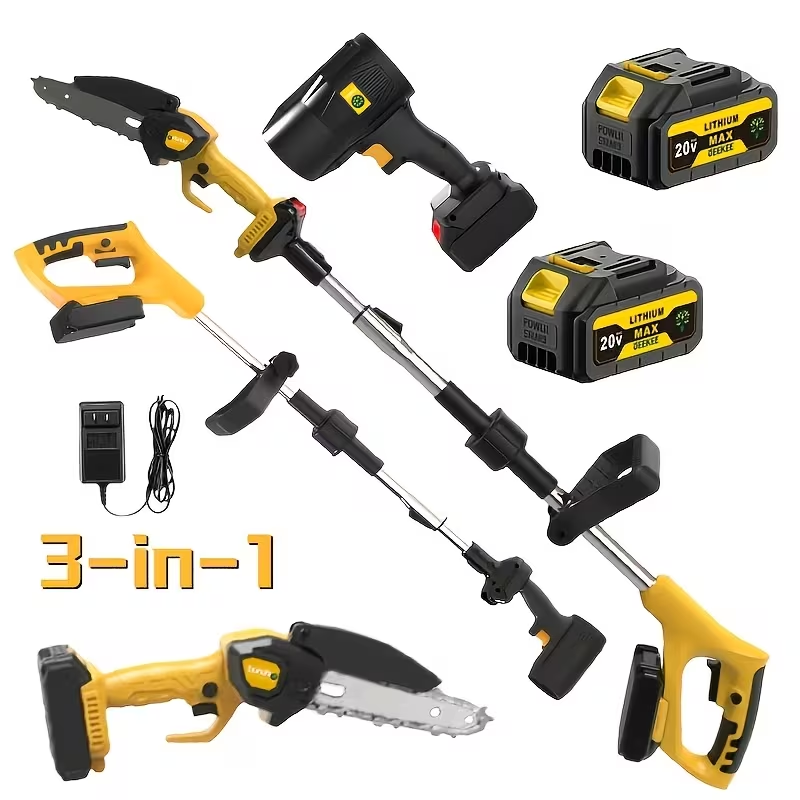 Cordless 3-in-1 Pole Saw, Mini Chainsaw and Blower Set in Yellow, Red-Black or Black Packages