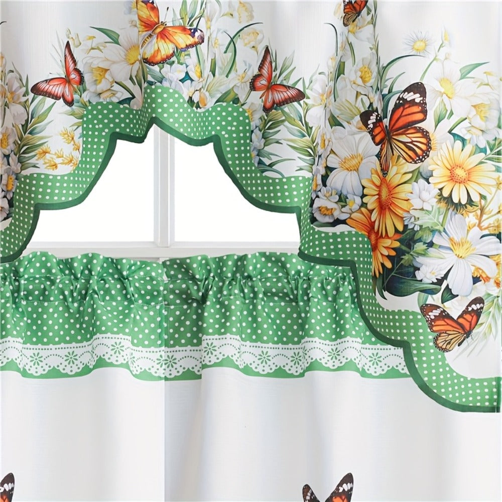 Three-Piece Butterfly Floral Window Curtain Set with Rod-Pocket Valance, Two Tiers and Four Colors