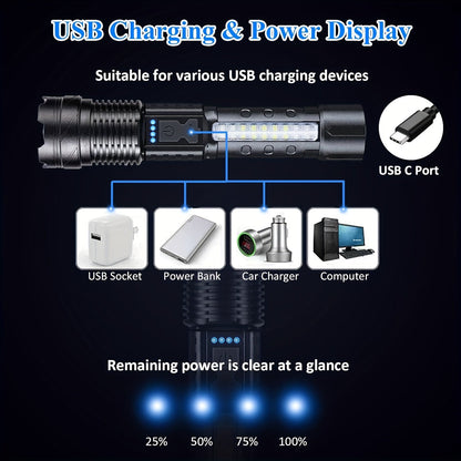 Flashlight LED and COB Dual-Light Torch with Telescopic Focus, USB-C Charging and 1500mAh Battery