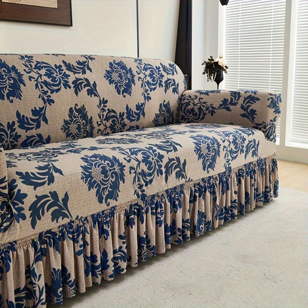 Sofa Slipcover, Dark Blue Stretch Cover with Ruffle Skirt, Fixed Rod and One-to-Four-Seat Options