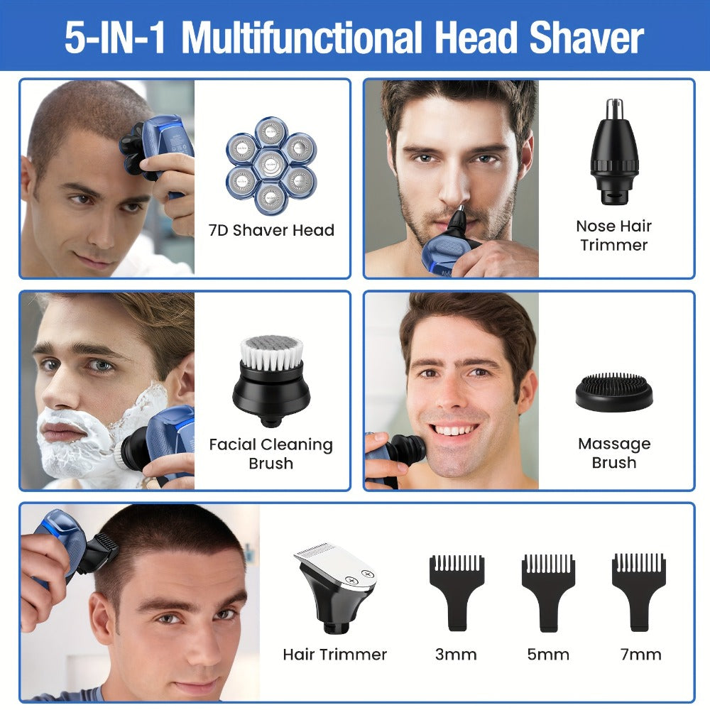 Skull Shaver for Bald Men 5-in-1 Rechargeable Rotary Electric Razor - 7D Floating Heads, 3-Speed LED Display Grooming Kit
