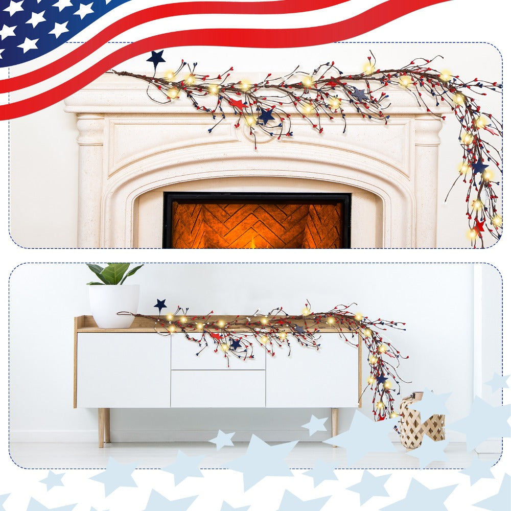 4th of July Garland with Fairy Lights 4.5Ft Patriotic Red White Blue Garland for Entryways, Bedrooms and Living Spaces