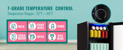Beverage Refrigerator with Glass Door, Mini Drink Cooler Fridge with Blue LED Light, 3 Adjustable Shelves & R600a Compressor