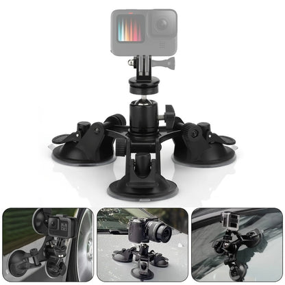 Suction Cup Camera Mount with 3 Bases – Universal 360° Ball Head Car Camera Holder for GoPro Hero 10 9 8 7, Action Cameras