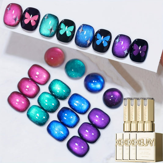 Gel Nail Polish 4-Color Interstellar Galaxy Magnetic Cat-Eye Set with Shimmer Finish and UV/LED Soak-Off Cure