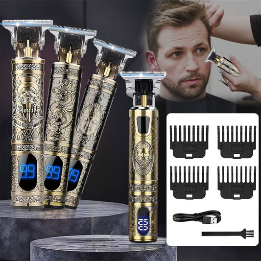 Hair Clippers & Trimmers Vintage Gold T-Blade Model with LCD Display, USB Charging and Three Etched Designs