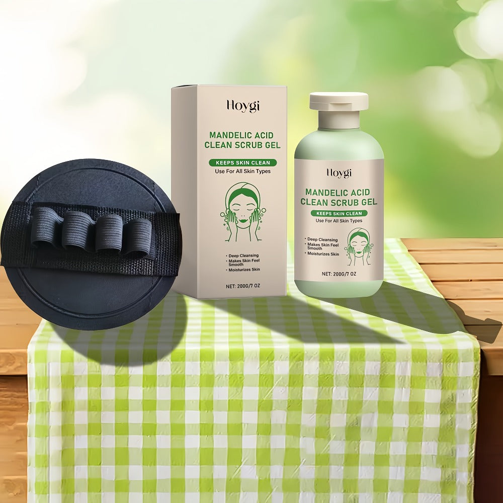 Mandelic Acid AHA Exfoliating Gel & Five-Finger Mud Scrubber Glove 2-Piece Set for Bath Time, Home Spa and Personal Care