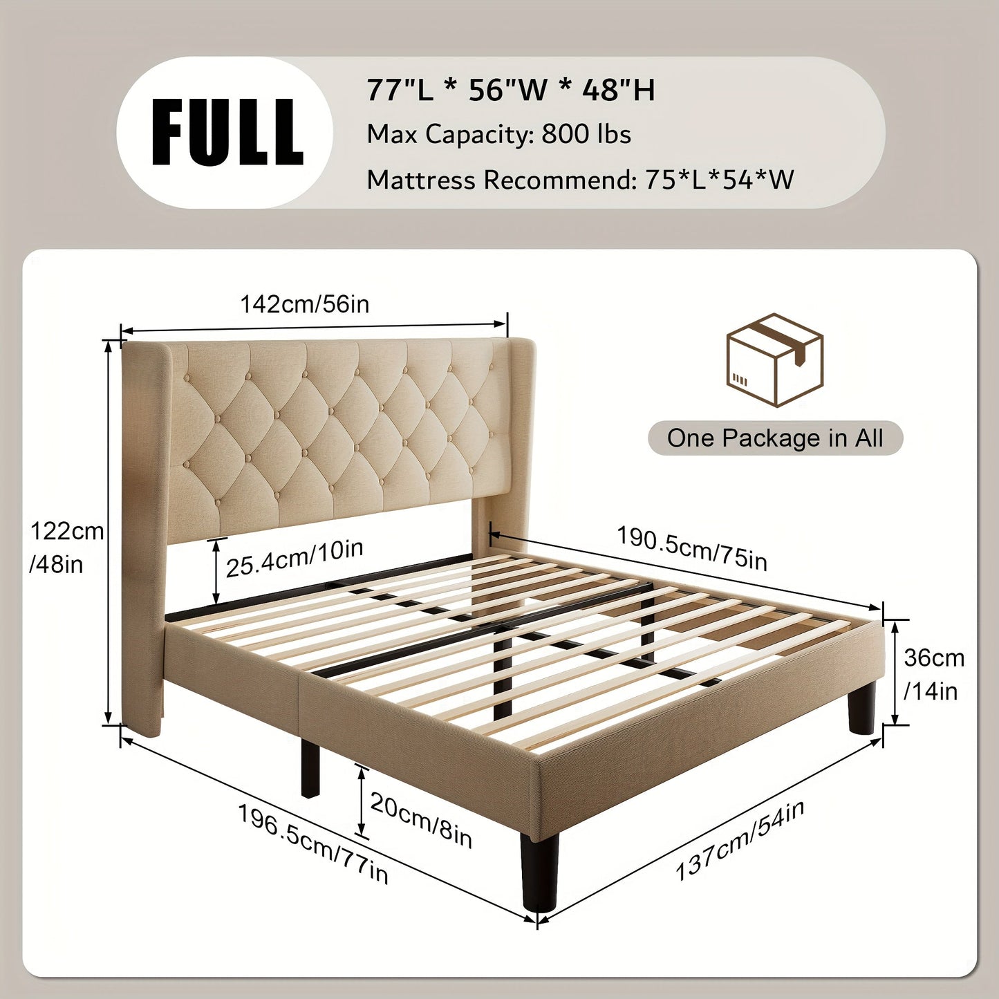Bed Frame shown in the Beige, Full option