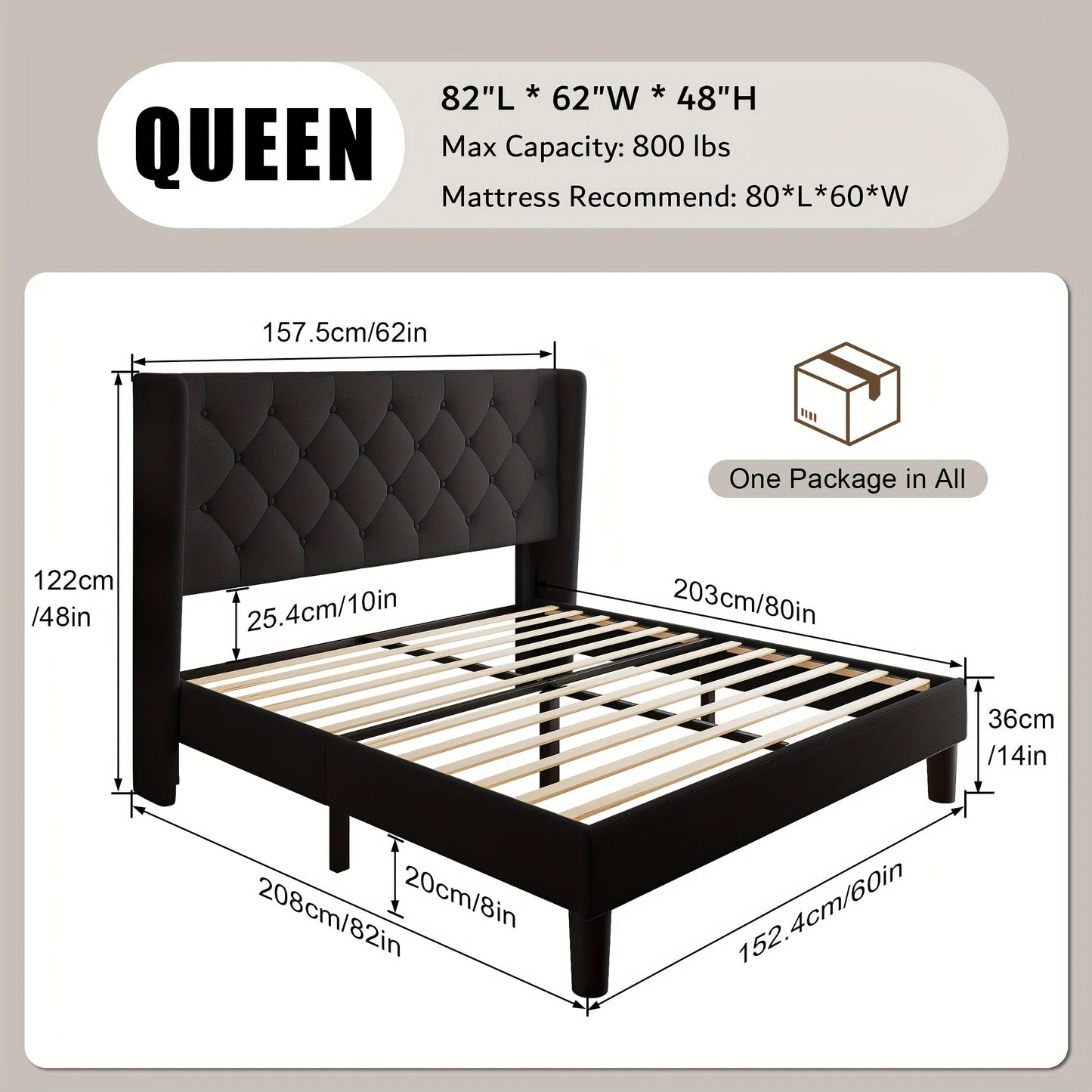 Bed Frame shown in the Black, Queen option