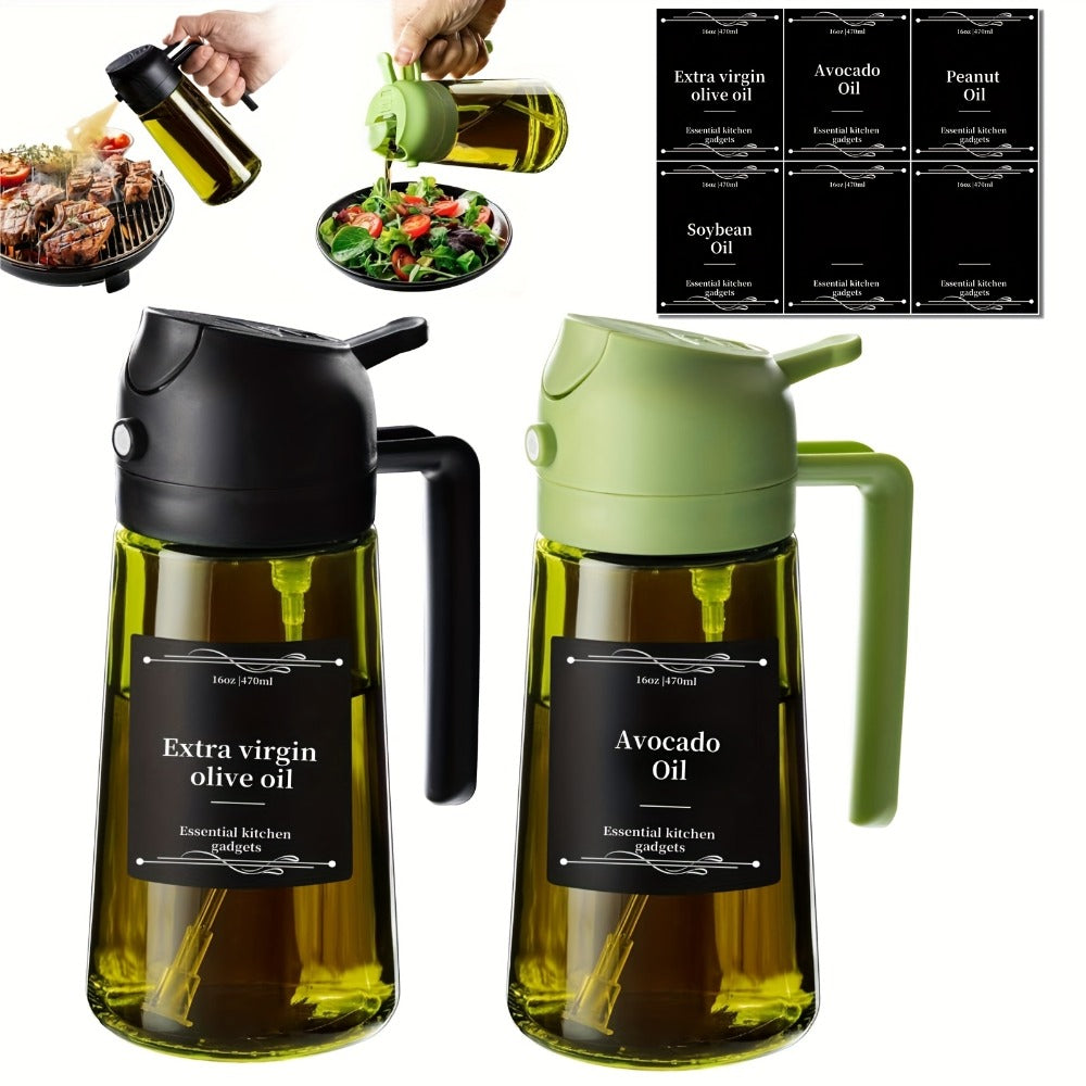 Olive Oil Dispenser Bottle 2-in-1 Glass Oil Sprayer & Dispenser 16oz Kitchen Cooking Oil Bottle with Labels for BBQ, Salad