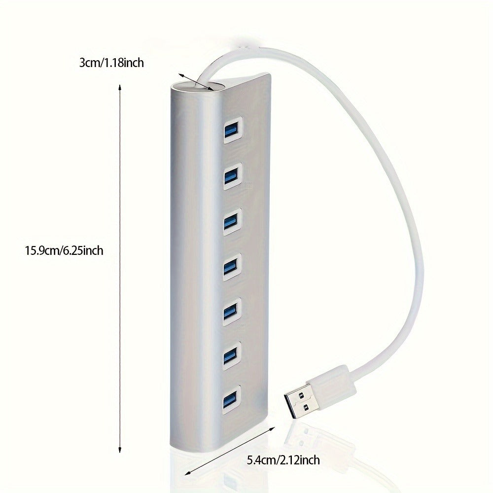 Silvery Seven-Port USB 3.0 Hub with USB-A Host Cable and Aluminum-Alloy Housing for Laptop Accessories