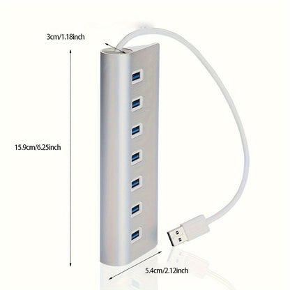 Silvery Seven-Port USB 3.0 Hub with USB-A Host Cable and Aluminum-Alloy Housing for Laptop Accessories