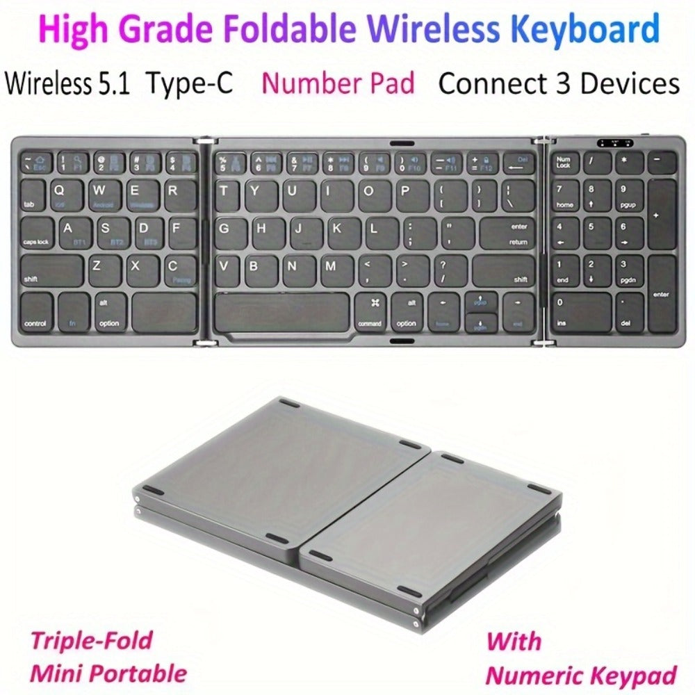 Foldable Bluetooth Keyboard with Numeric Keypad Triple Fold BT5.1 3-Device Multi-Switch USB-C for an Everyday Personal Care Routine