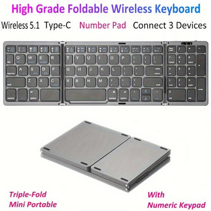Foldable Bluetooth Keyboard with Numeric Keypad Triple Fold BT5.1 3-Device Multi-Switch USB-C for an Everyday Personal Care Routine