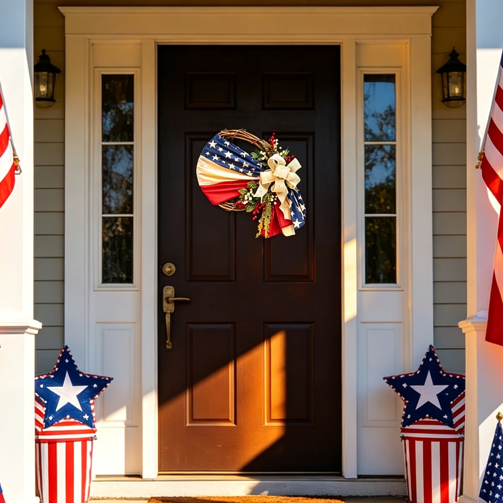 Patriotic 4th of July Door Wreath – Red White & Blue American Flag Wreath with Burlap Bow for Independence Day