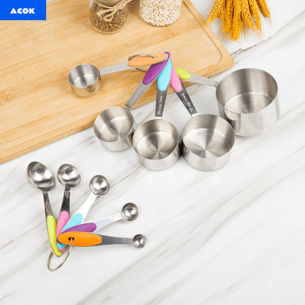 Stainless Steel Measuring Cups and Spoons Set 5pcs with Silicone Handle – Baking & Cooking Kitchen Measurement Tools