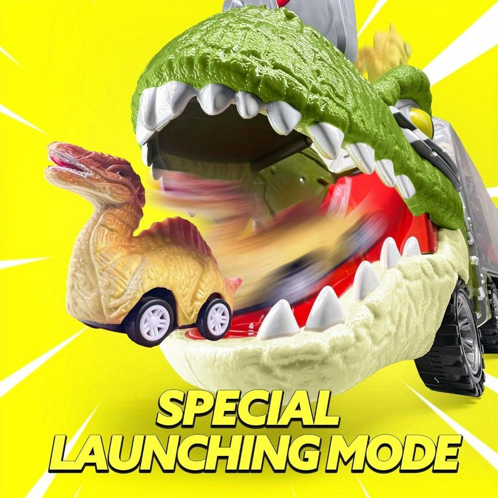 Dinosaur Truck Toy Set 13 PCS, Transport Carrier Truck with Lights & Sounds + 8 Pull-Back Cars + 3 Die-Cast Dino Vehicles + Helicopter