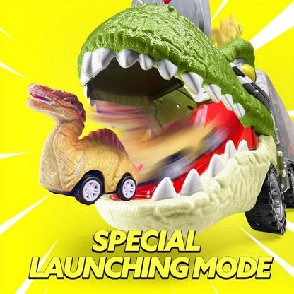 Dinosaur Truck Toy Set 13 PCS, Transport Carrier Truck with Lights & Sounds + 8 Pull-Back Cars + 3 Die-Cast Dino Vehicles + Helicopter