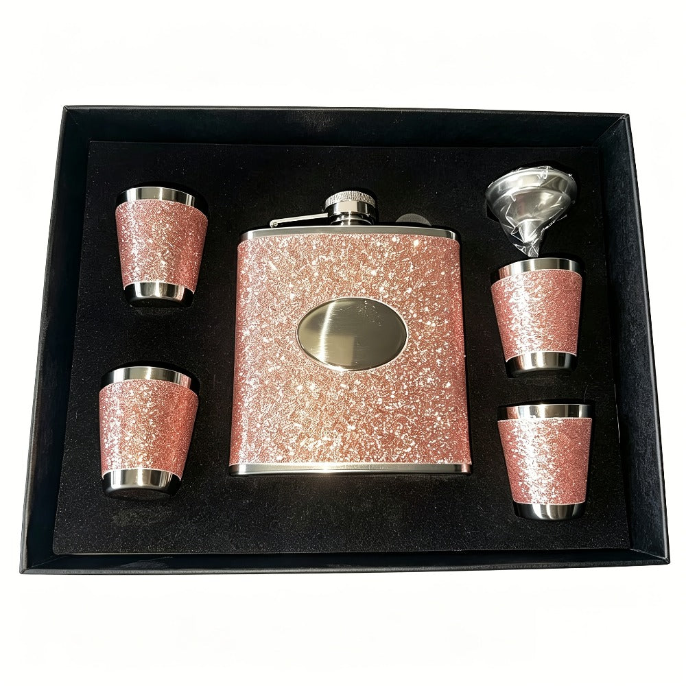 Flask Set for Women 6oz Leather Wrapped Stainless Steel Hip Flask Gift Set with 4 Cups for Entryways, Bedrooms and Living Spaces