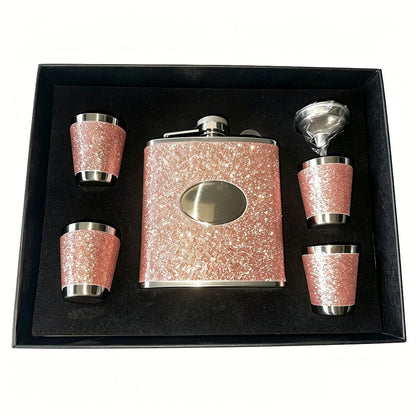 Flask Set for Women 6oz Leather Wrapped Stainless Steel Hip Flask Gift Set with 4 Cups for Entryways, Bedrooms and Living Spaces