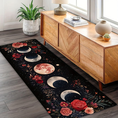 Area Rug Bohemian Moon Phase Floral Runner in Two Machine-Washable Sizes for Kitchen or Hallway