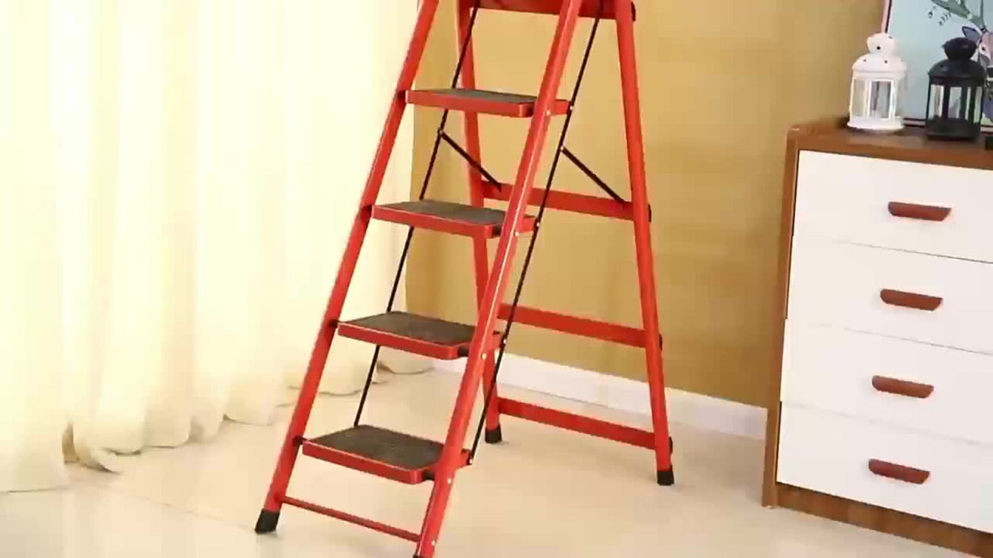 Folding Step Ladder 3 / 4 / 5 Step with Anti-Slip Pedal & Tool Tray, Portable Steel Step Stool for Adults