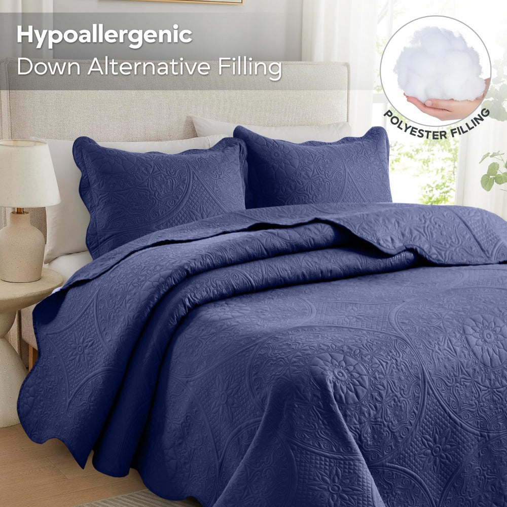 Floral-Pattern Three-Piece Bedspread Set in 16 Colors with Twin, Queen, King and California King Sizes