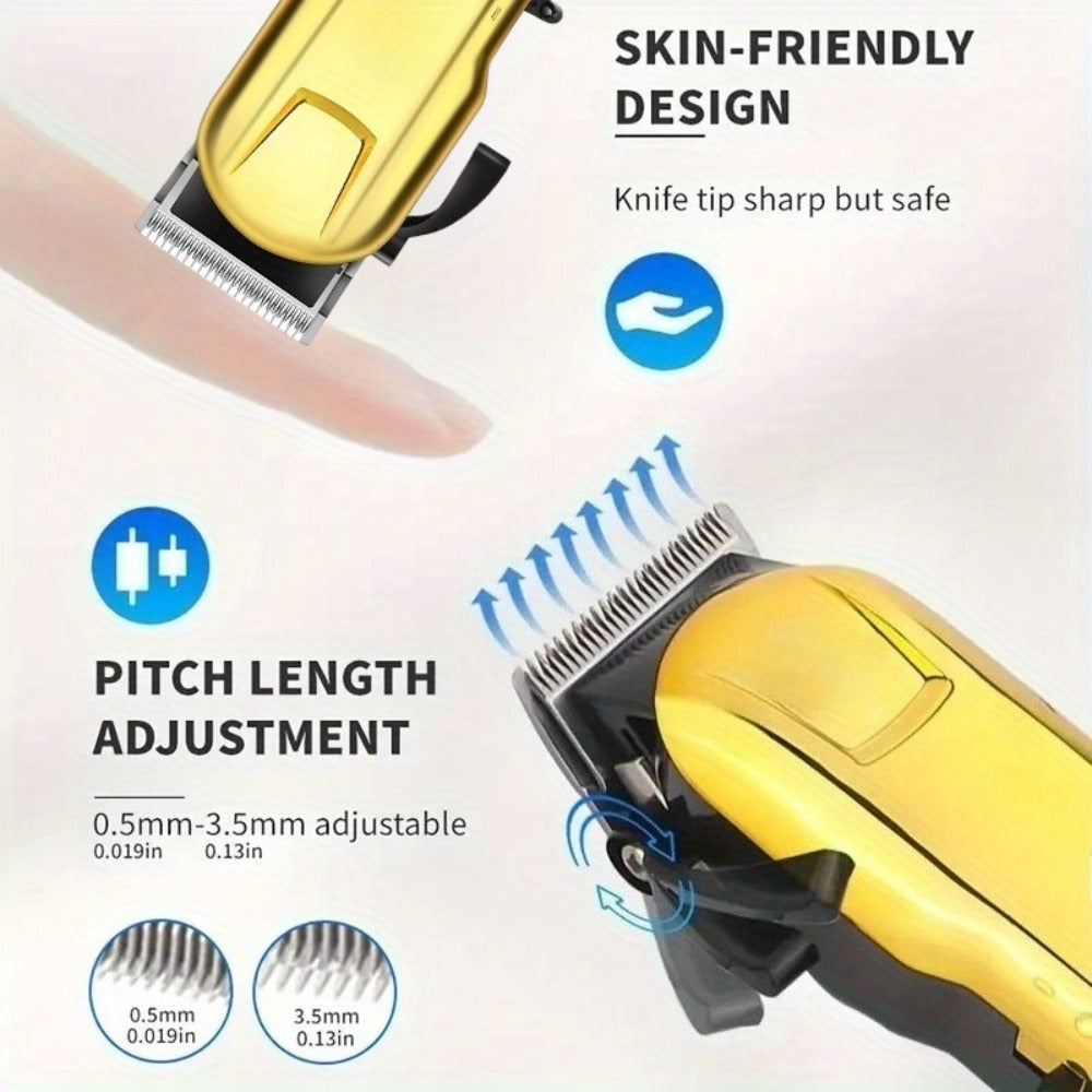 Hair Clipper Cordless USB-Rechargeable Set with Adjustable Blade, Four Guide Combs and Three Style Options