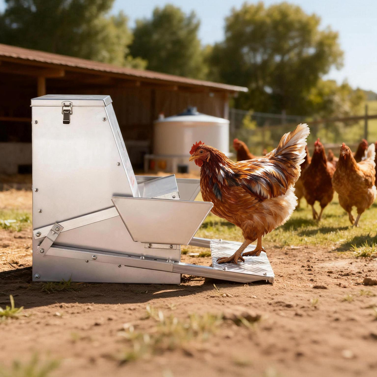 Chicken Feeder Treadle Galvanized Steel Lockable for Garden, Patio and Yard Use, with the Listed Configuration