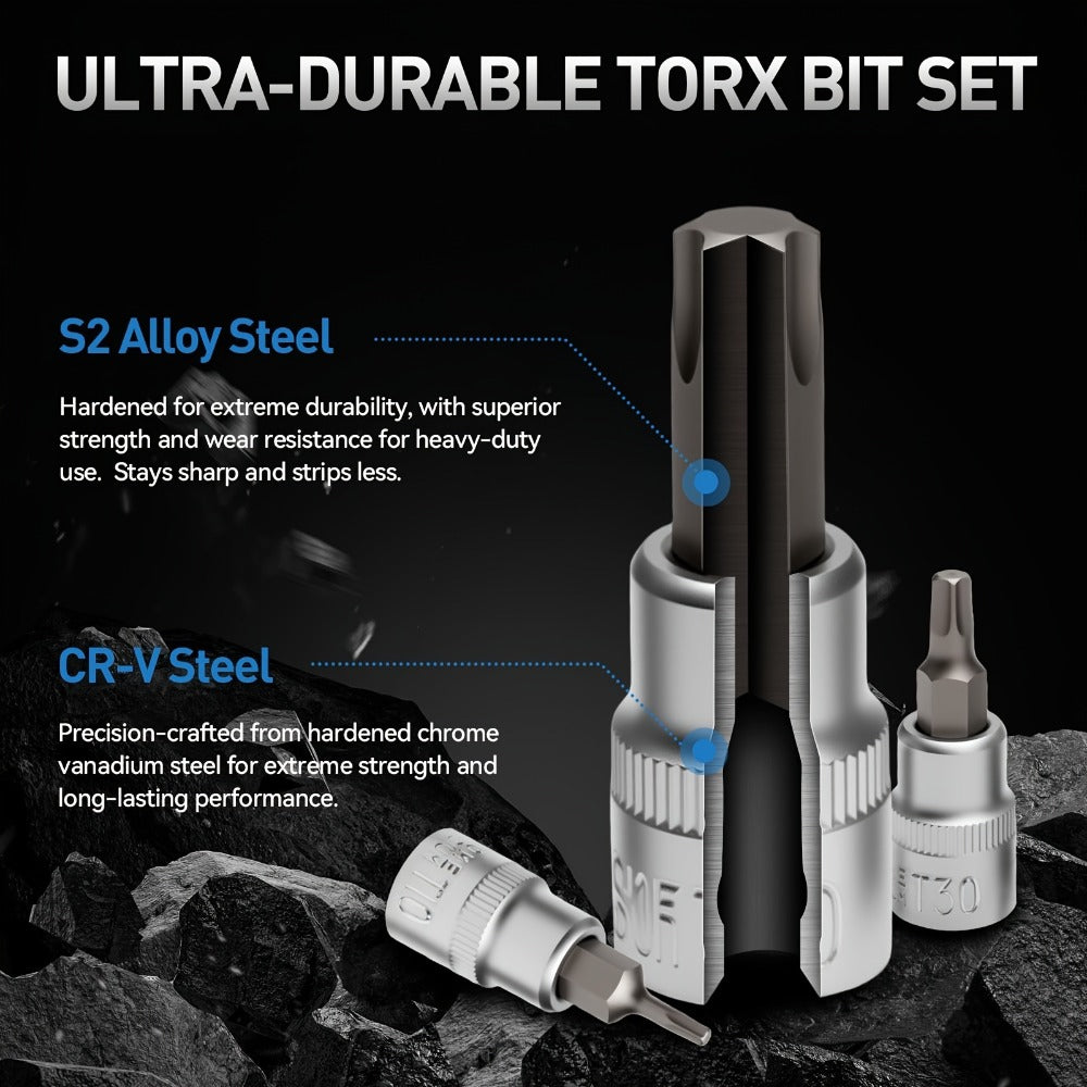 Torx Star Bit Socket Set 34/46-Piece – 3/8" Drive CR-V E-Socket E4-E20, T10-T60, Tamper-Proof TT10-TT55, S2 Steel, 5/16"F to 3/8"M Adapter