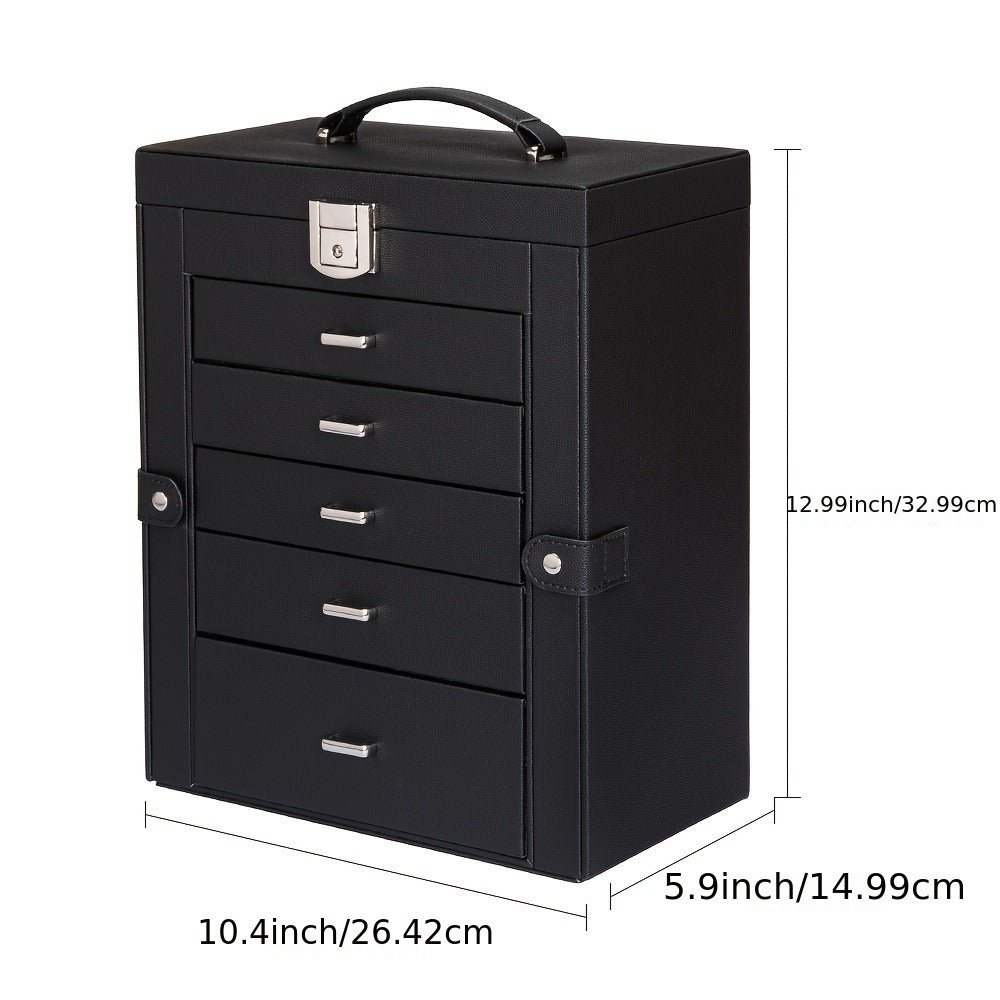 Jewelry Organizer 6-Tier Brown Storage Box with 5 Drawers, Built-In Mirror and Key-Lock Closure