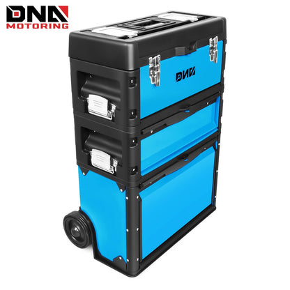 Rolling Tool Box 3-Tier Stackable Portable Toolbox with Wheels 19.5x12x28.5 Inch Steel PP 3-in-1 Detachable Compartments Metal Latches