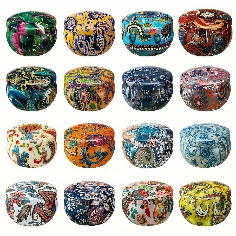 16-Piece Decorated Tin Candle Gift Set with Assorted Scent Labels and Pictured 2.5 oz Size