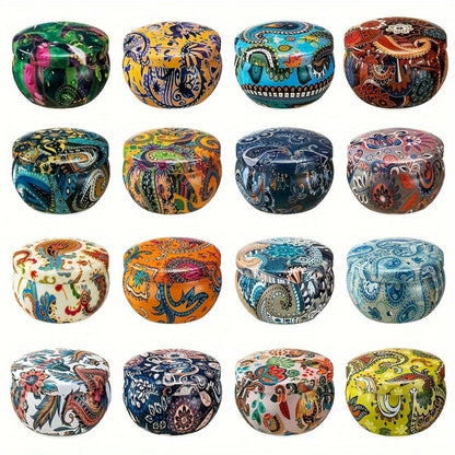 16-Piece Decorated Tin Candle Gift Set with Assorted Scent Labels and Pictured 2.5 oz Size