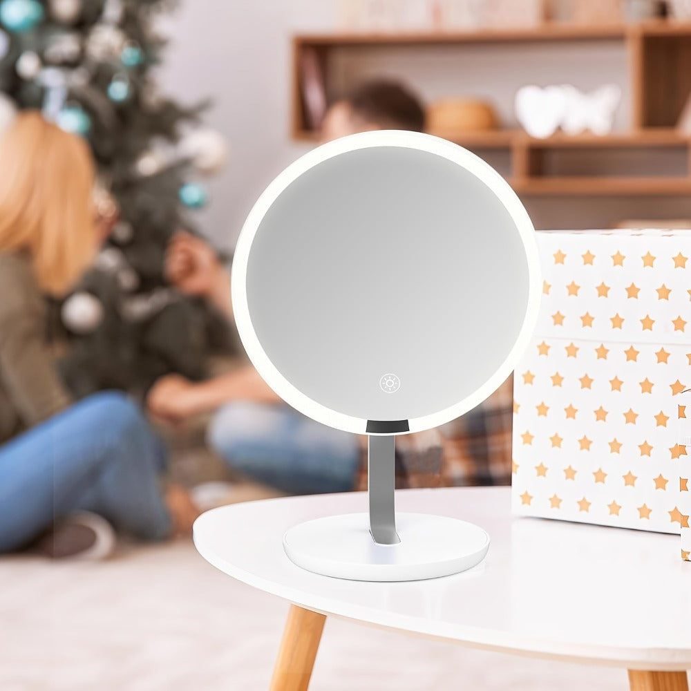 Makeup Mirror Round LED Desktop Stand with Detachable 10X Suction Mirror, Three Light Colors, Touch Dimming and USB Power