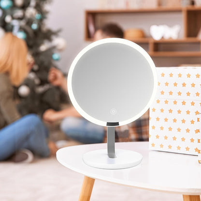 Makeup Mirror Round LED Desktop Stand with Detachable 10X Suction Mirror, Three Light Colors, Touch Dimming and USB Power