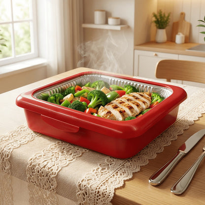 Aluminum Foil Insulated Food Tray Set 2-in-1 Reusable Stand with 2 Disposable Foil Trays for Grilling, Camping and Outdoor Meals