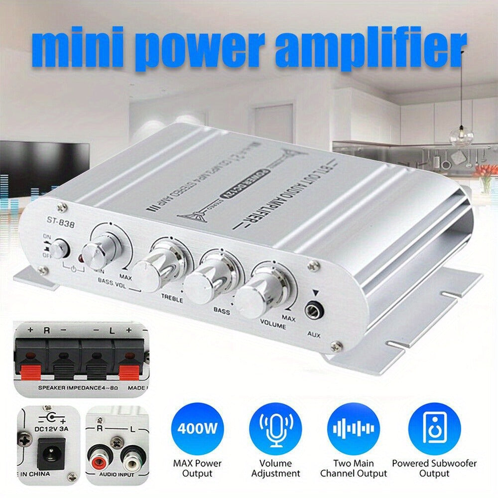 400 Watt 2.1 Channel Car Audio Stereo Amplifier, 12V Class A/B HIFI Power Amp with RCA & AUX Input, Subwoofer Output, Cast Iron Build