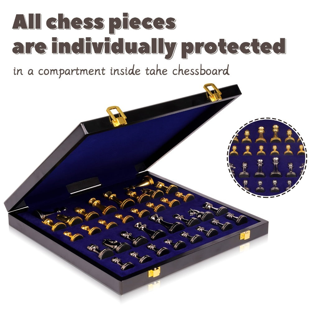 Luxury Metal Chess Set with Marble Board – Zinc Alloy Gunmetal & Gold Pieces Extra Queens 11.5" Elegant Chessboard Gift for Adults Beginners